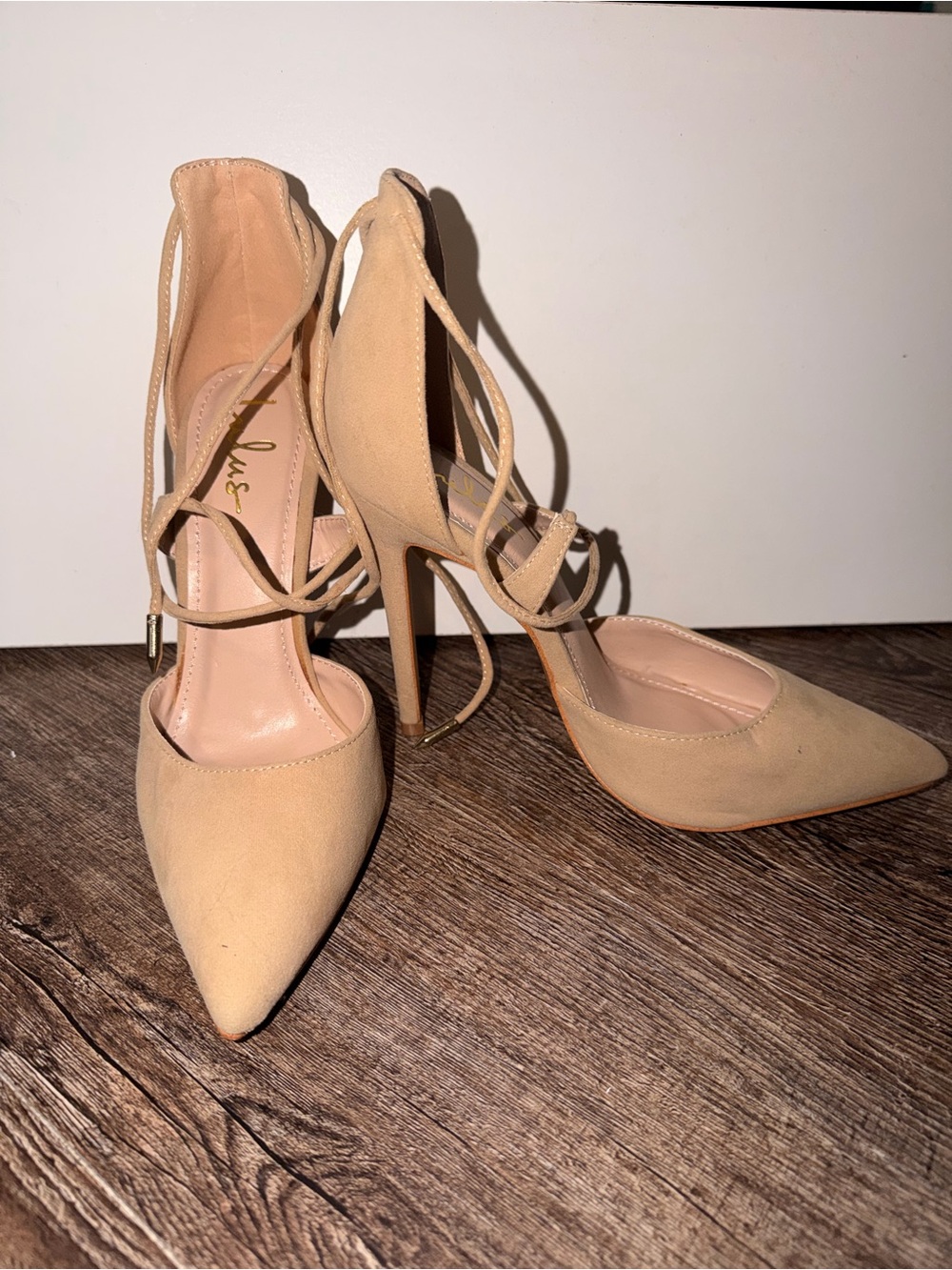 Lulu's Beige Lace-Up Pointed Stiletto Heels